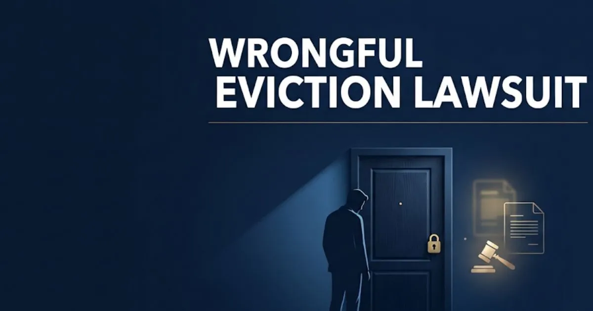 Wrongful eviction lawsuit blog banner showing tenant silhouette outside locked door with legal symbols on navy background
