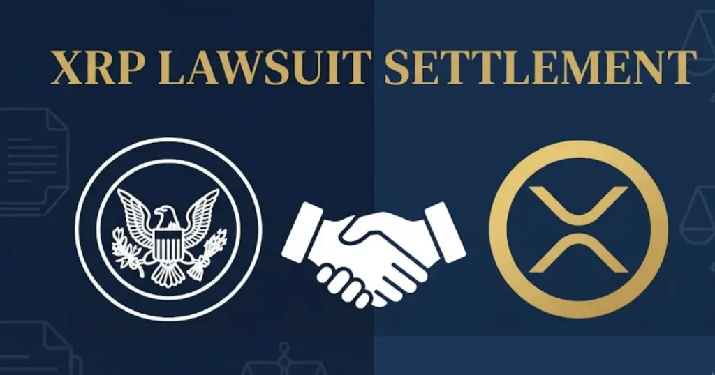 XRP lawsuit settlement graphic showing SEC and Ripple agreement with gold and navy design