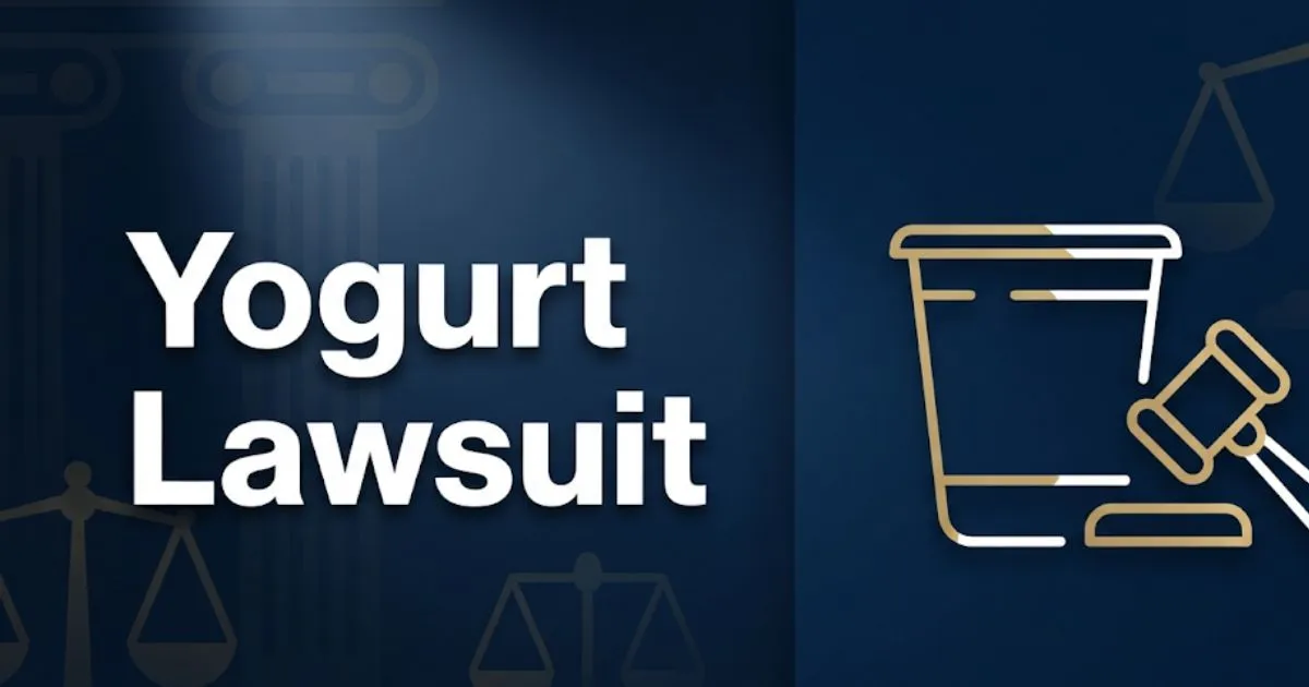Yogurt lawsuit 2026 hero banner with legal scales and gavel on navy background