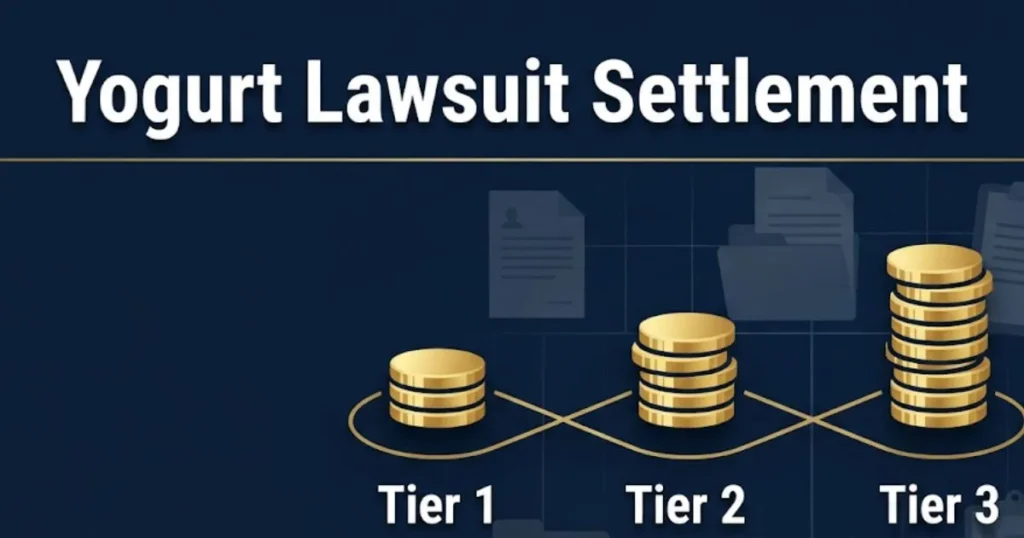 Yogurt lawsuit settlement payout tiers infographic with gold coin stacks on navy