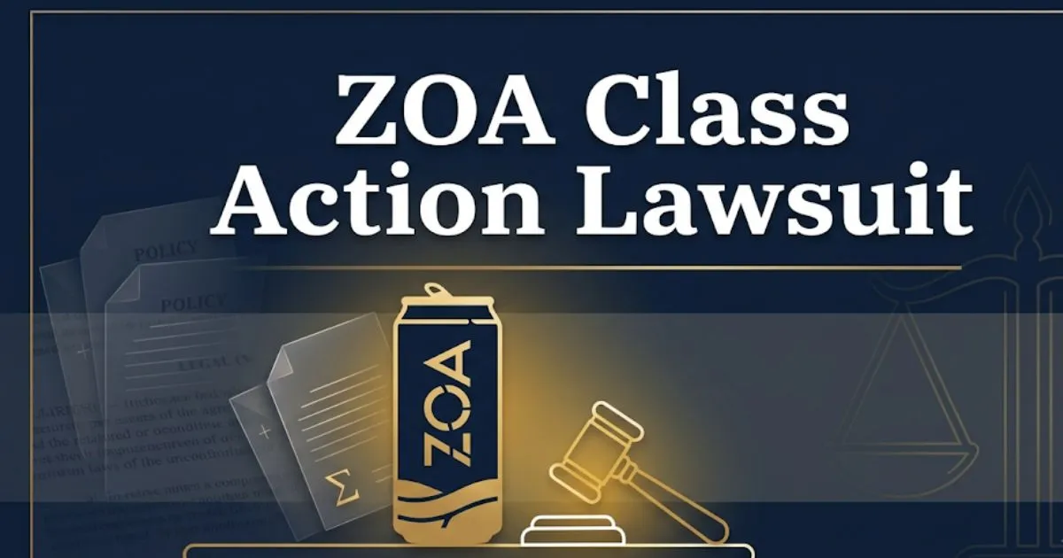 ZOA class action lawsuit banner with energy drink can, gavel, and legal documents on navy background