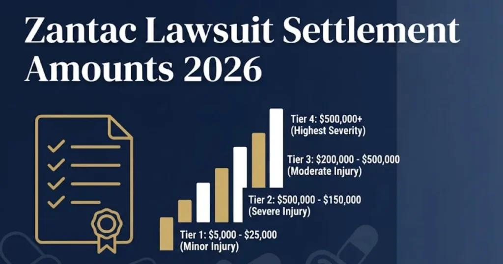 Zantac lawsuit settlement amounts 2026 infographic with eligibility tiers and payout ranges