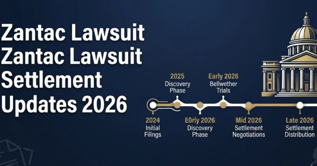 Zantac lawsuit settlement updates 2026 graphic with courthouse and timeline design