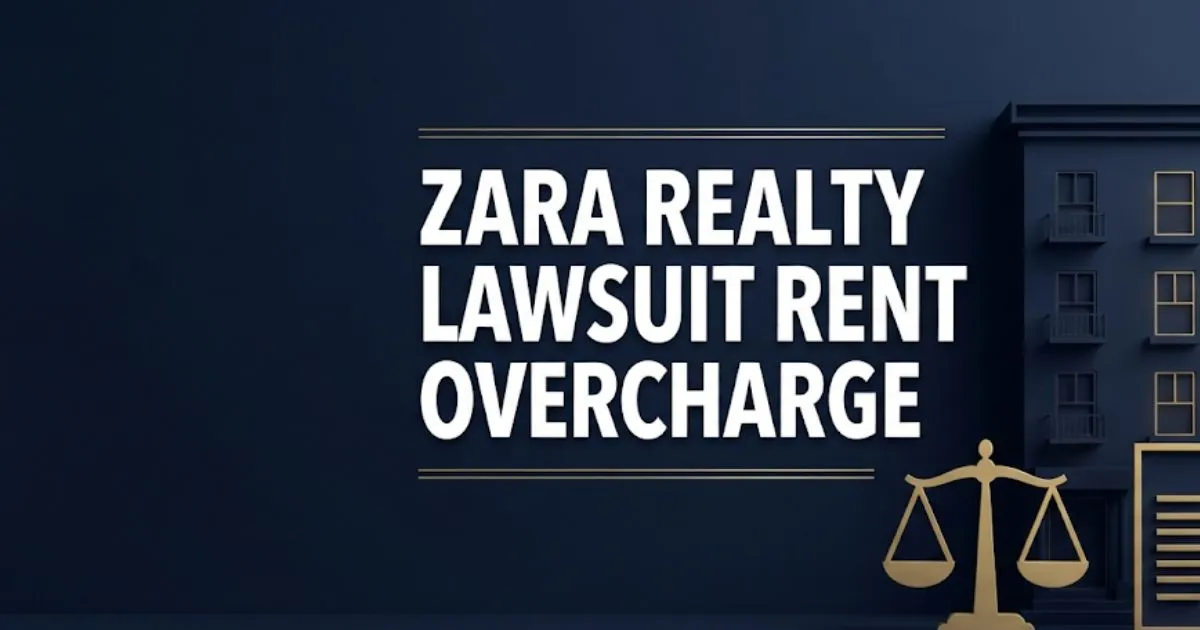 Zara Realty lawsuit rent overcharge 2026 legal case banner with apartment building silhouette and legal scale icons