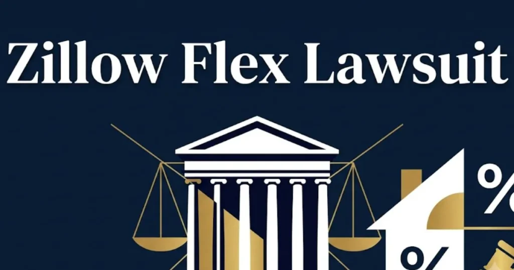 Zillow Flex lawsuit 2026 legal guide banner with courthouse and real estate icons