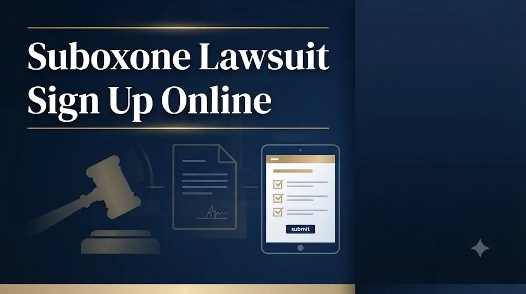 Suboxone lawsuit sign up online 2026 guide hero banner with legal symbols and form graphic