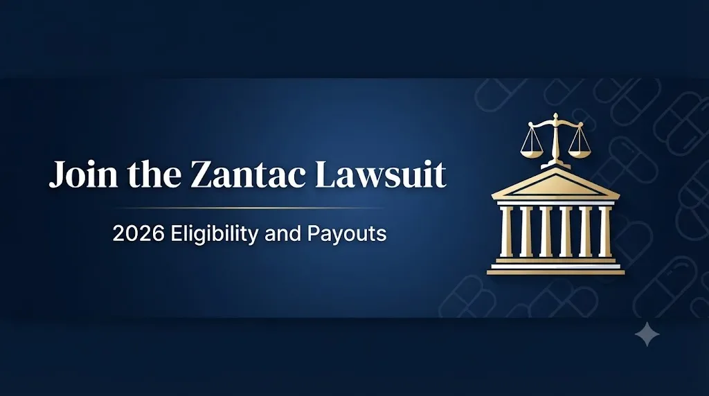 Join the Zantac lawsuit banner with courthouse and scales of justice for 2026