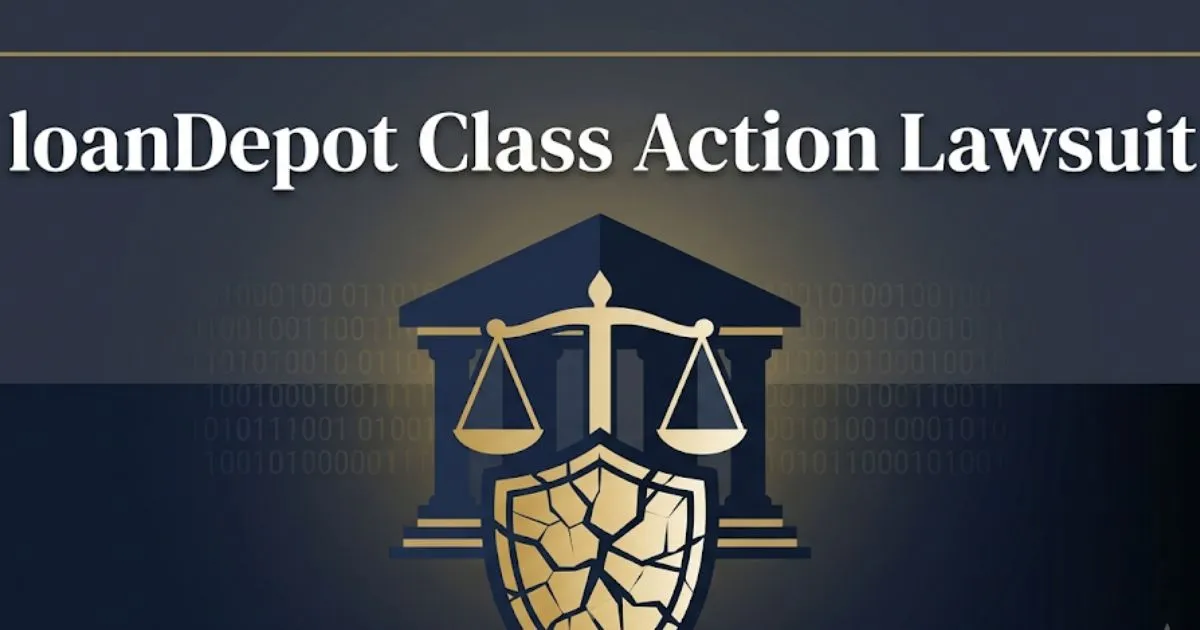 loanDepot class action lawsuit 2026 update banner with legal symbols and data breach imagery