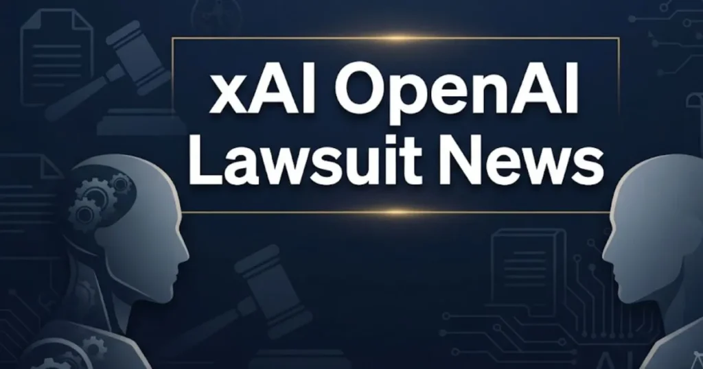 xAI OpenAI lawsuit news 2026 legal battle hero banner with courtroom symbols and AI iconography MAIN KEYWORD {{xai openai lawsuit news}} CLUSTER KEYWORDS {{xai lawsuit openai news}} MAKE ART
