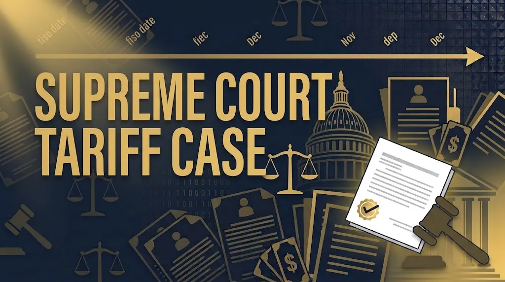 Supreme Court Tariff Case Impact graphic showing shipping containers and rising cost arrow in navy and gold