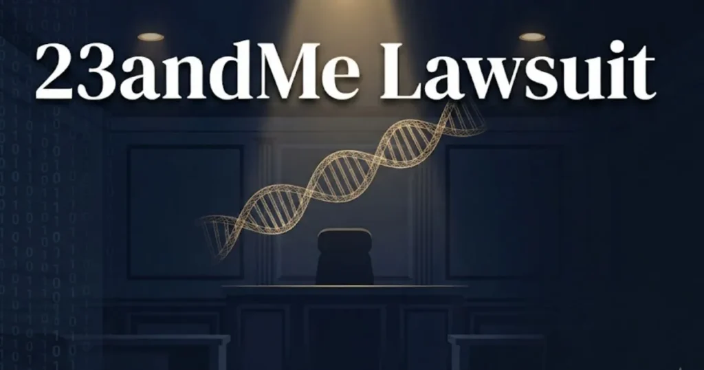 23andMe lawsuit 2026 hero banner with DNA helix and courtroom symbols on dark navy background