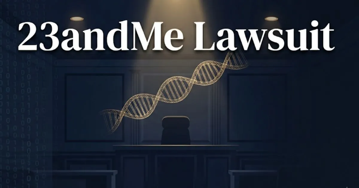 23andMe lawsuit 2026 hero banner with DNA helix and courtroom symbols on dark navy background