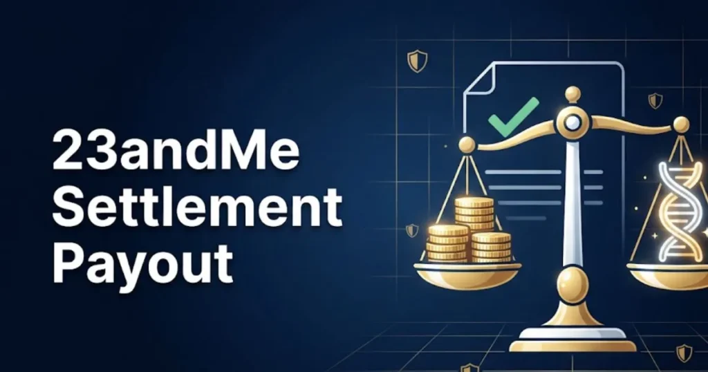23andMe settlement payout graphic with balance scale, DNA icon, and claim document on navy background