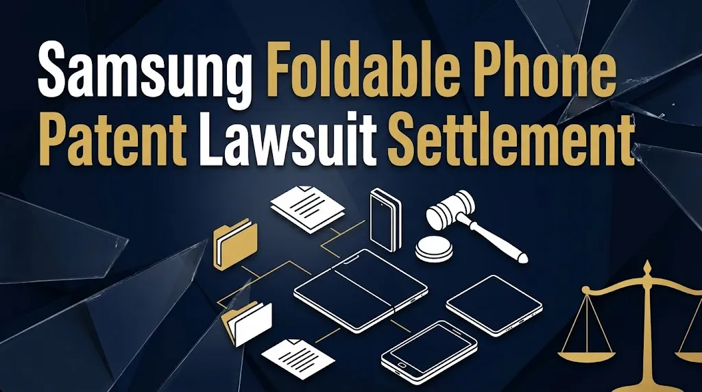 Samsung foldable phone patent lawsuit settlement graphic with legal documents and foldable phone icons on navy background