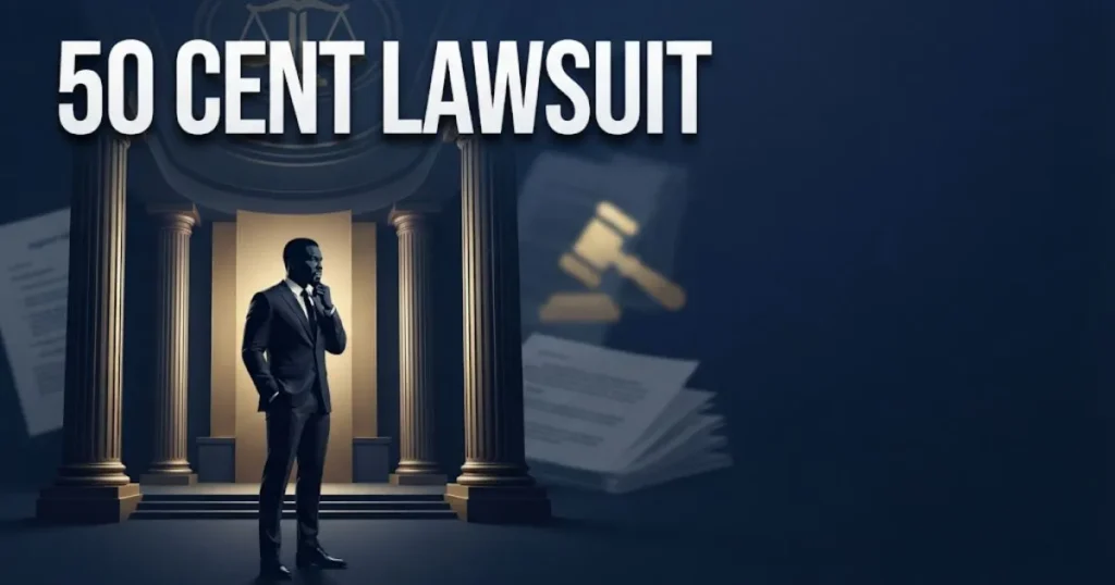 50 Cent lawsuit hero banner with courtroom silhouette and bold headline text on navy background