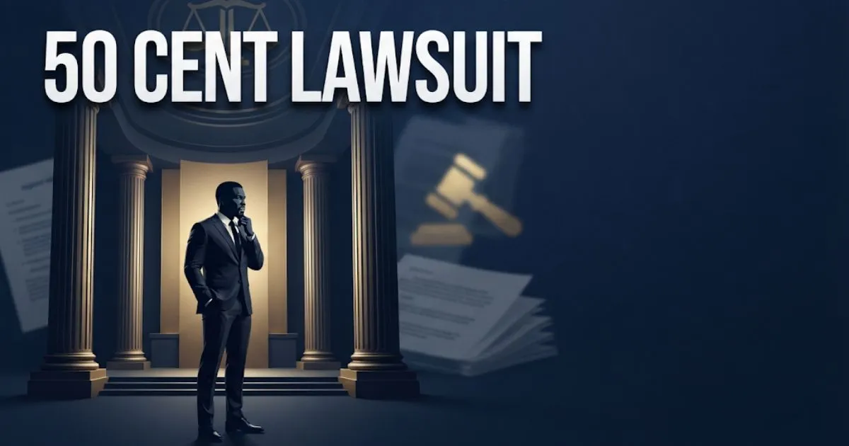 50 Cent lawsuit hero banner with courtroom silhouette and bold headline text on navy background