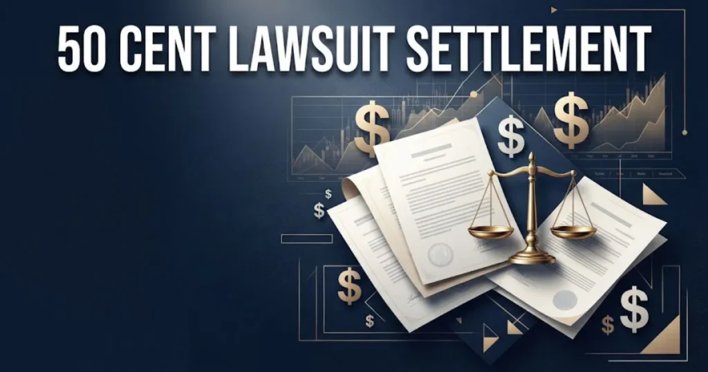 50 Cent lawsuit settlement graphic with legal documents and balance scale on navy background