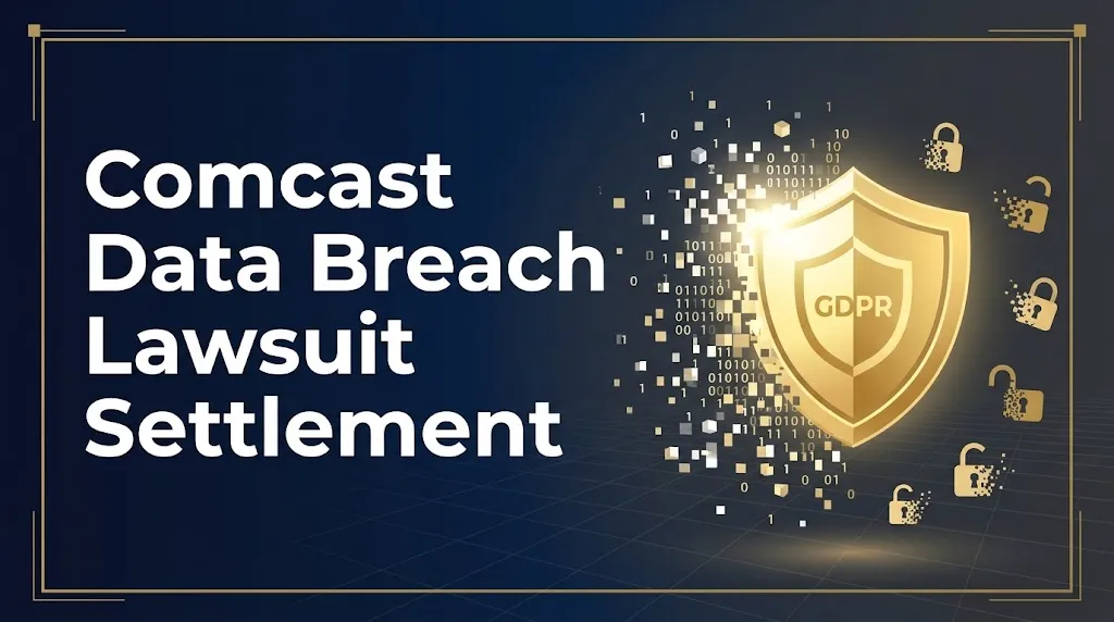 Comcast data breach lawsuit settlement graphic with legal documents and check icons on navy background