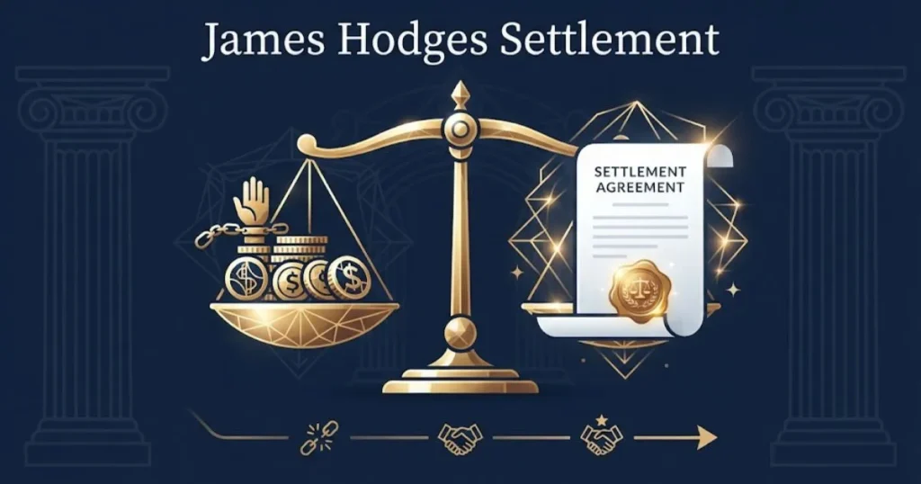 A legal settlement graphic with a gold scale of justice and the text james hodges lawsuit settlement on navy background.