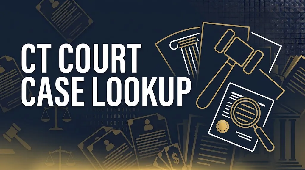 CT court case lookup supporting graphic with legal documents and search interface on navy background