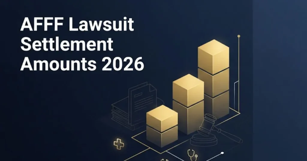 AFFF lawsuit settlement amounts 2026 infographic with tiered payout chart and legal symbols