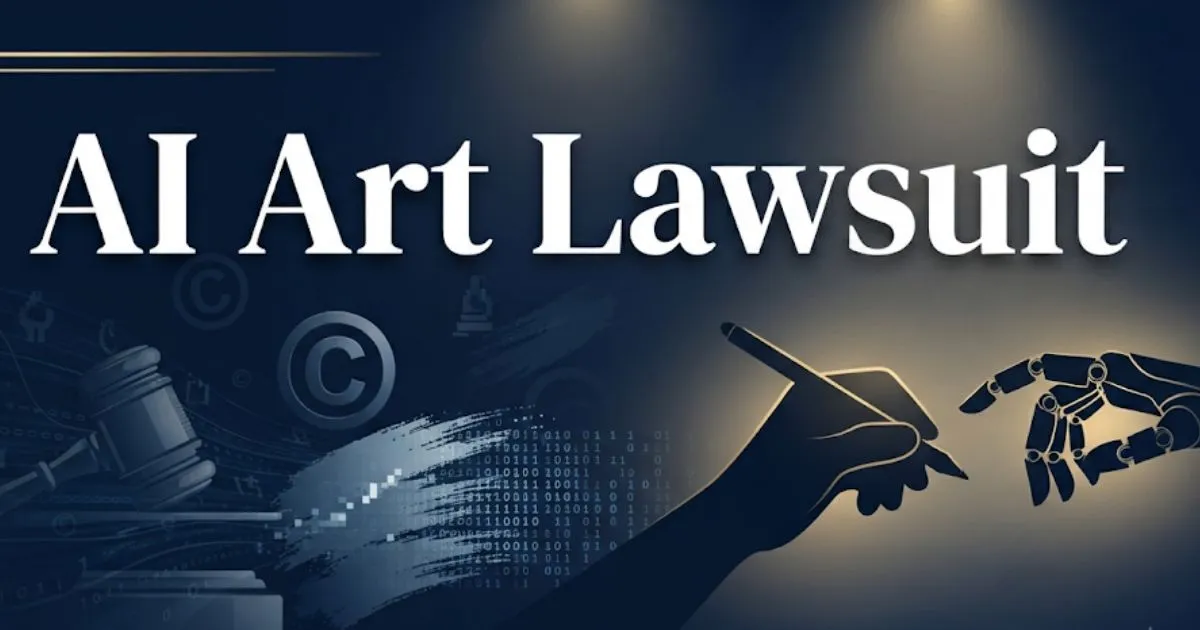 AI art lawsuit 2026 hero banner with gavel and copyright symbols on navy background