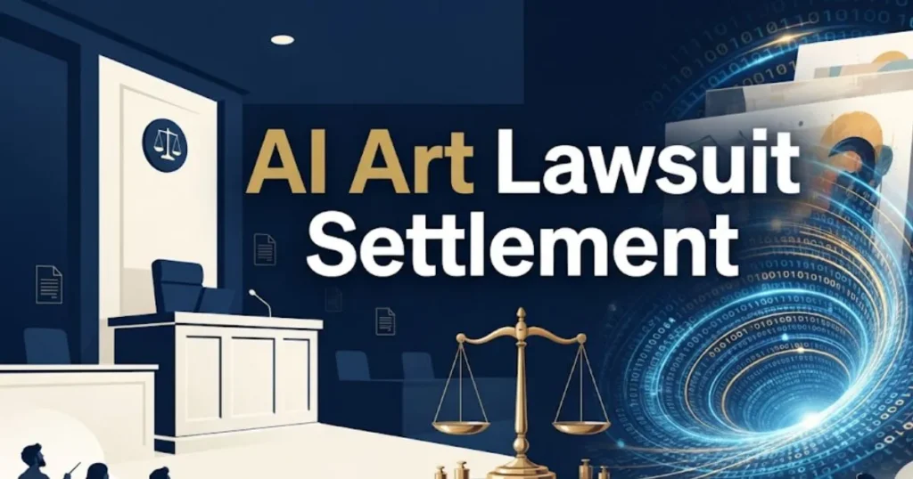 AI art lawsuit settlement graphic showing courtroom and artwork data scraping concept