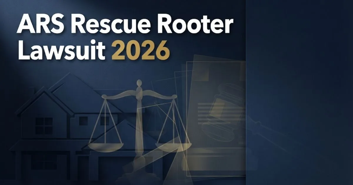 ARS Rescue Rooter lawsuit 2026 hero banner with legal scales and suburban home silhouette in navy and gold
