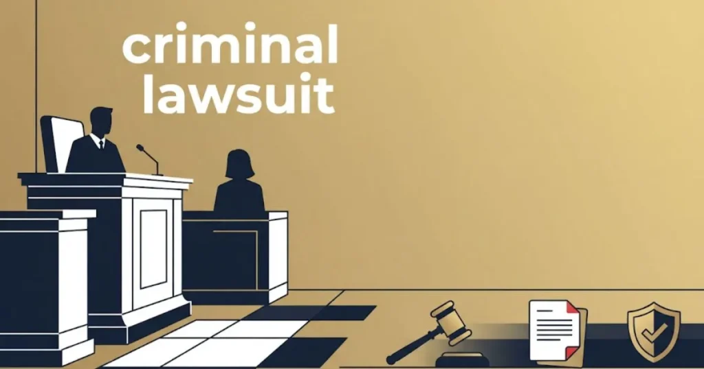 Abstract courtroom scene with criminal lawsuit title text in navy and gold editorial style