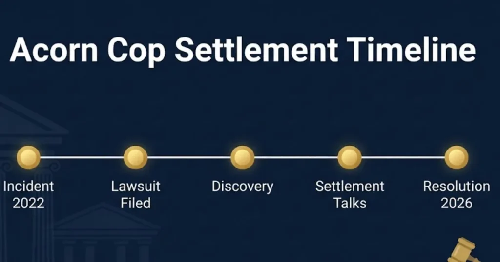 Acorn cop lawsuit settlement timeline infographic showing case milestones through 2026