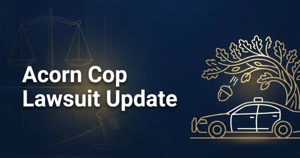 Acorn cop lawsuit update 2026 hero banner with legal scales and patrol car graphic