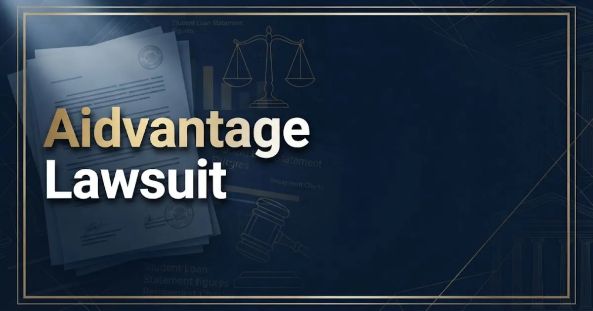 Aidvantage lawsuit hero banner with legal documents and gavel silhouette on dark navy background