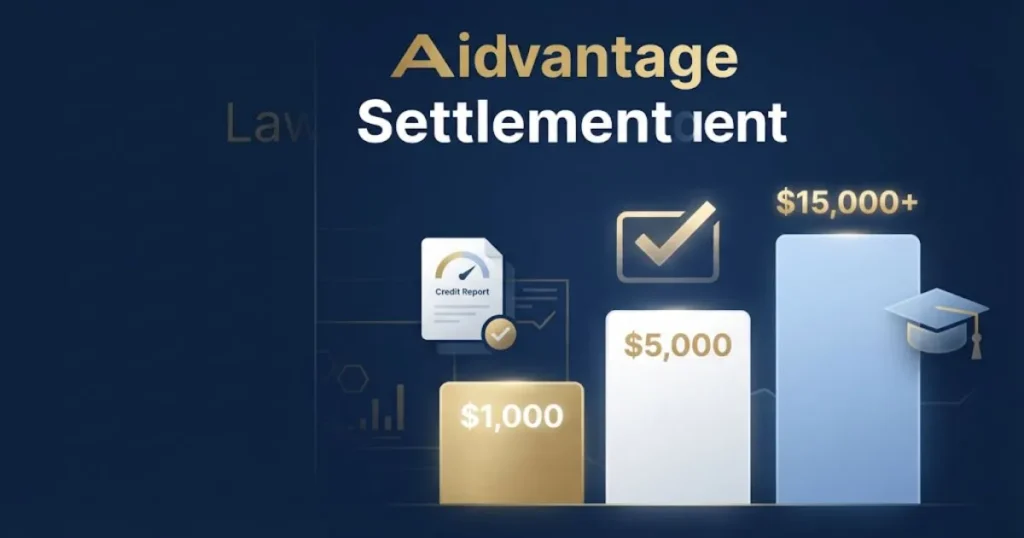Aidvantage lawsuit settlement tiered payout chart with credit and payment icons on navy background