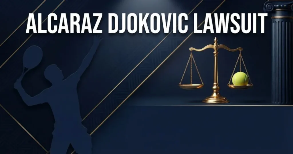 Alcaraz Djokovic lawsuit 2026 hero banner with scales of justice and tennis silhouette in navy and gold