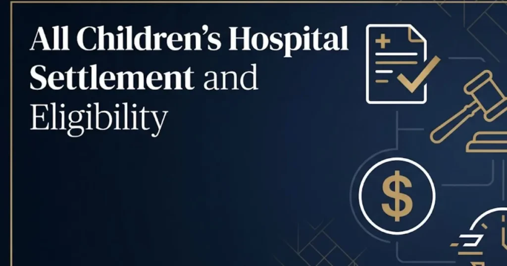 All Children's Hospital settlement and eligibility infographic with legal and medical icons