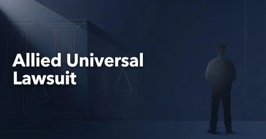 Allied Universal Lawsuit hero banner with navy blue legal theme and security guard silhouette
