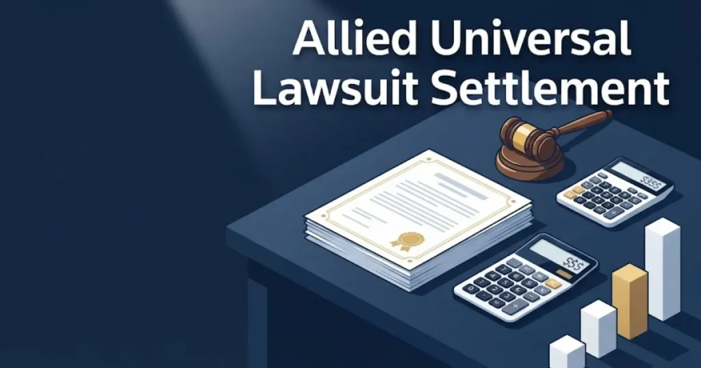 Allied Universal Lawsuit settlement graphic with legal documents and payout chart illustration