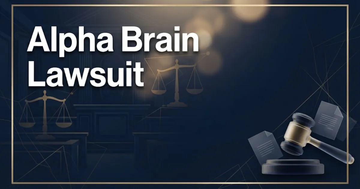 Alpha Brain Lawsuit hero banner with golden scales of justice on dark navy courtroom background