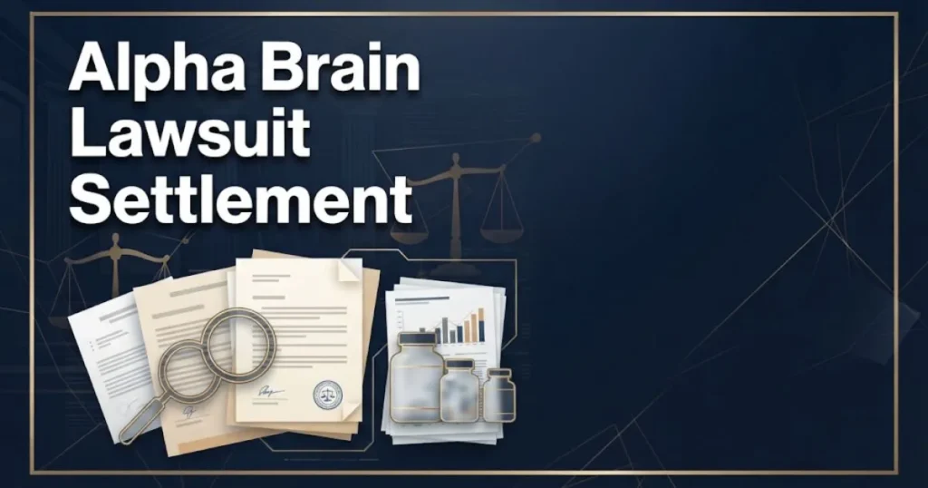 Alpha Brain Lawsuit settlement graphic showing legal documents and supplement silhouettes on navy background