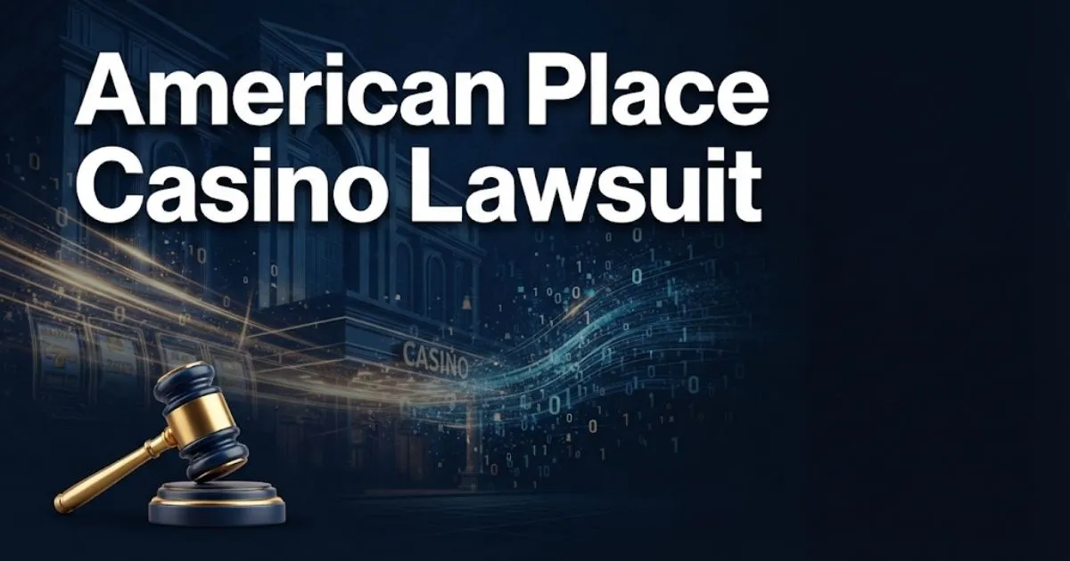 American Place Casino Lawsuit hero banner with casino facade and digital data breach visual elements in navy and gold