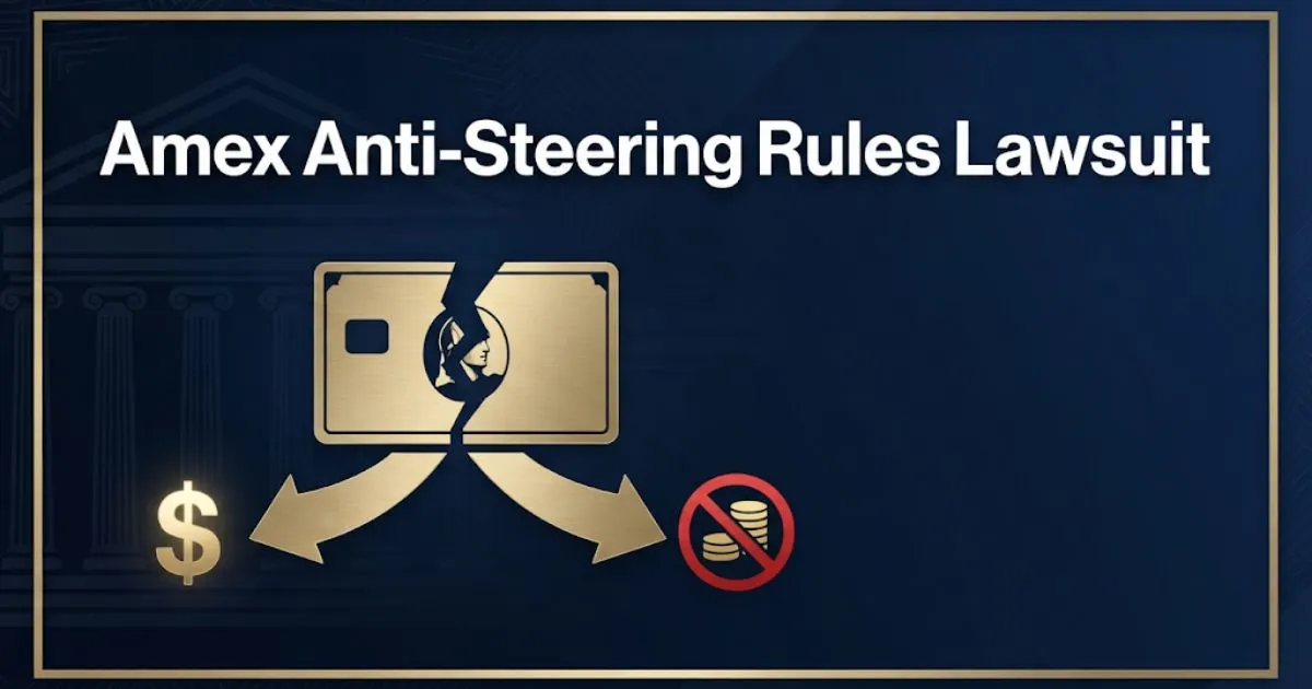 Amex anti-steering rules lawsuit 2026 guide hero banner with credit card and legal imagery