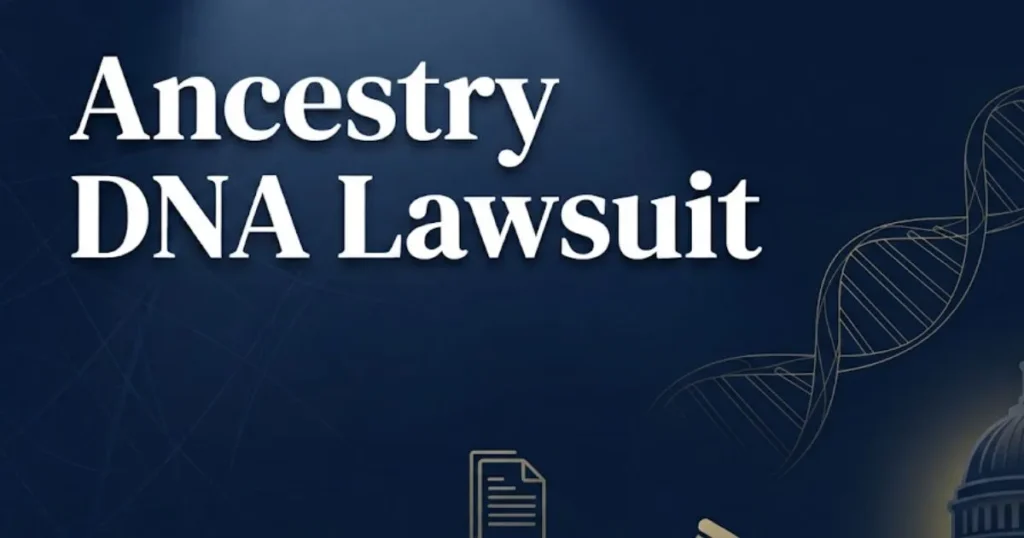 Ancestry DNA lawsuit 2026 hero banner with DNA helix and courthouse legal imagery