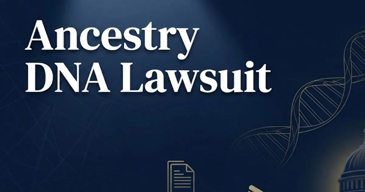 Ancestry DNA lawsuit 2026 hero banner with DNA helix and courthouse legal imagery