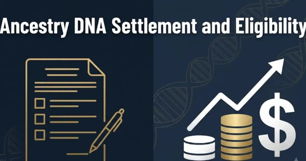 Ancestry DNA settlement eligibility and payout details infographic with legal icons