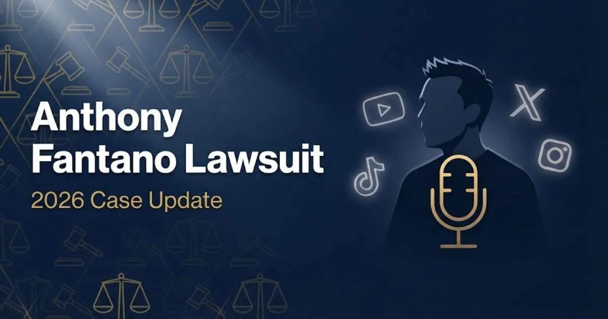Anthony Fantano Lawsuit 2026 hero banner with legal scales and microphone silhouette on navy background
