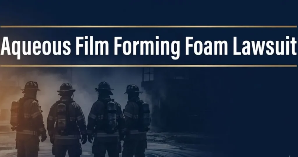 Aqueous film forming foam lawsuit hero banner with firefighter silhouettes and legal imagery
