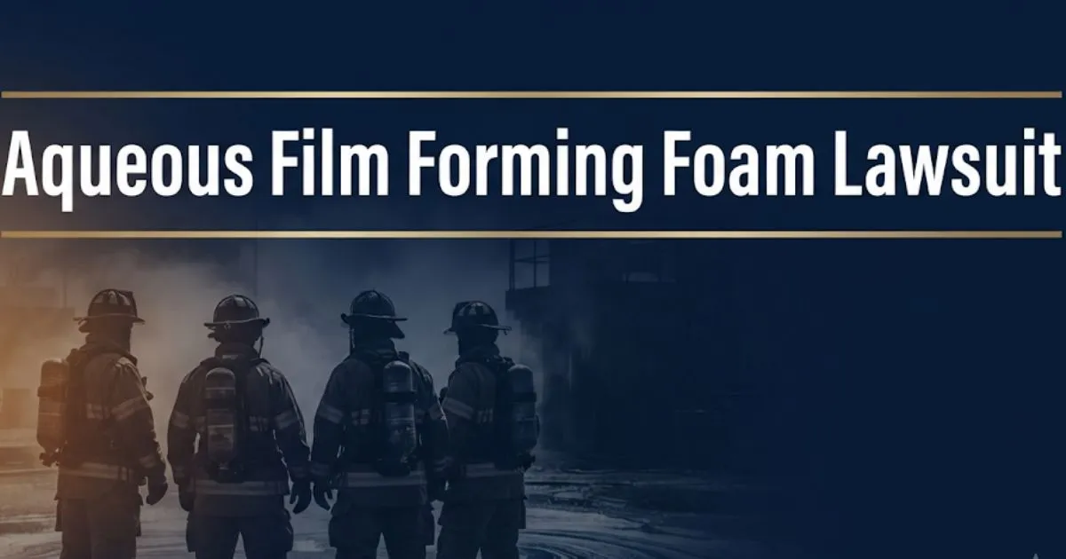 Aqueous film forming foam lawsuit hero banner with firefighter silhouettes and legal imagery