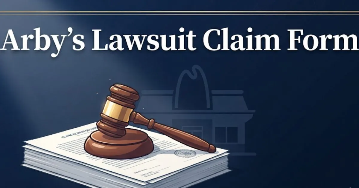 Arby's lawsuit claim form 2026 hero banner with gavel and legal documents on navy background