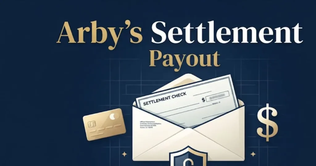 Arby's settlement payout graphic showing settlement check and legal icons on navy background