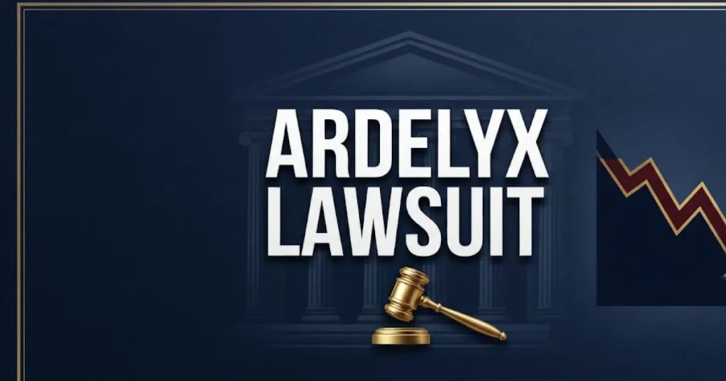 Ardelyx lawsuit 2026 hero banner with courthouse and stock chart silhouette